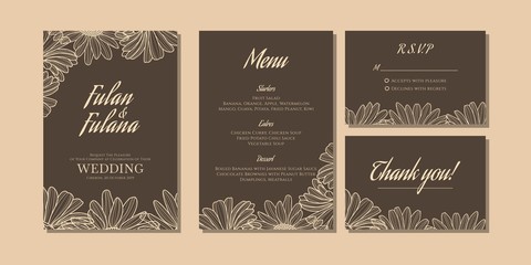 set wedding invitation card with hand drawn doodle floral daisy flower outline monochrome style vintage retro traditional background template cover mock up beauty elegant vector illustration