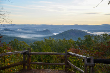 View of the fog covered valley below. Taken from the top of Morrow Mountain State Part NC