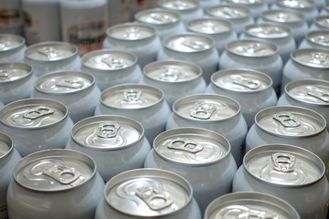 Top view. Aluminum cans in the market Cover alumiunum cans. Aluminum cans.