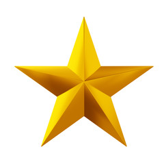 Obraz premium Star 3D renders realistic metallic golden isolated on white background. Glossy yellow 3D trophy star icon. Represents popularity, Celebration, quality and happiness