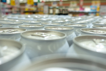 Top view. aluminum cans in the market Cover alumiunum cans. Aluminum cans.