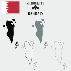 Bahrain outline world map, solid, dash line contour silhouette, national flag vector illustration design, isolated on background, objects, element, symbol from countries set