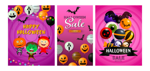Halloween sale pink banner set with Frankenstein, devil, pumpkin