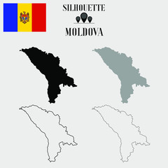 Fototapeta premium Moldova outline world map, solid, dash line contour silhouette, national flag vector illustration design, isolated on background, objects, element, symbol from countries set
