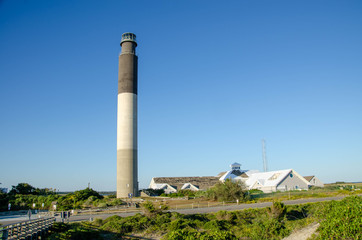 Oak Island North Carolina Lighthouse. View from the beach looking up at the top.