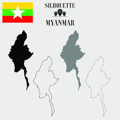 Myanmar outline world map, solid, dash line contour silhouette, national flag vector illustration design, isolated on background, objects, element, symbol from countries set