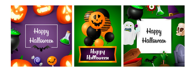 Halloween sale violet, green banner set with creepy balloons