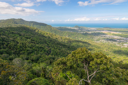 View of Cairns from the Skyrail Rainforest Cableway on a sunny day, Queensland, Australia