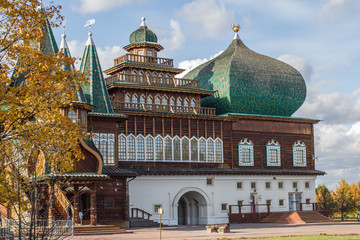 Wooden Palace of the Russian Tsar Alexei Mikhailovich Romanov in the autumn Sunny day in the Park...