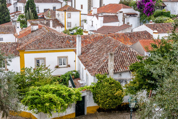 View of classic rooftops and gardens in Obidos Portugal