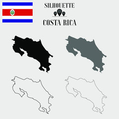 Fototapeta premium Costa Rica outline world map, solid, dash line contour silhouette, national flag vector illustration design, isolated on background, objects, element, symbol from countries set