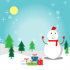 Snowman and gift box with snow, Merry christmas, vector illustration