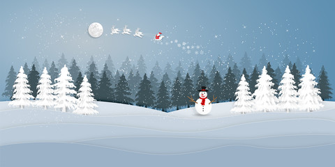 Paper art , cut and digital craft style of Santa Claus on Sleigh and Reindeer with deers in the merry christmas night and  happy new year as holiday and x'mas day concept. vector illustration.