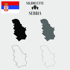 Serbia outline world map, solid, dash line contour silhouette, national flag vector illustration design, isolated on background, objects, element, symbol from countries set