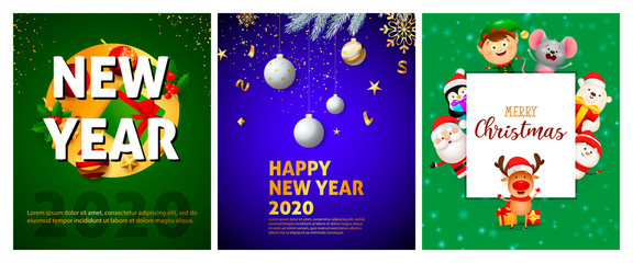 New Year green, blue banner set with animals