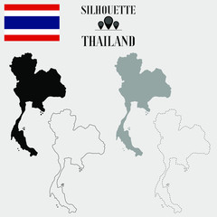 Obraz premium Thailand outline world map, solid, dash line contour silhouette, national flag vector illustration design, isolated on background, objects, element, symbol from countries set