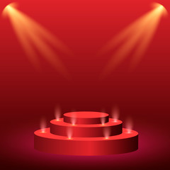 Abstract round podium illuminated with spotlight. Award ceremony concept. Stage backdrop. Vector illustration