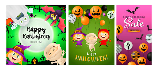 Happy Halloween green, pink banner collection with monsters