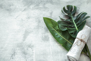 Spa composition with body care items on a light background.