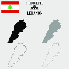Lebanon outline world map, solid, dash line contour silhouette, national flag vector illustration design, isolated on background, objects, element, symbol from countries set