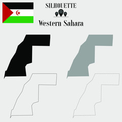Western Sahara or Sahrawi Arab outline world map, solid, dash line contour silhouette, national flag vector illustration design, isolated on background, objects, element, symbol from countries set