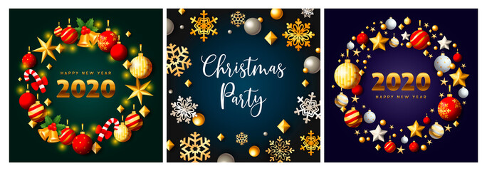 Christmas party green, blue banner set with baubles