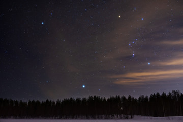 Orion and Canis Minor constellations and Sirius above boreal forest on a cold winter night