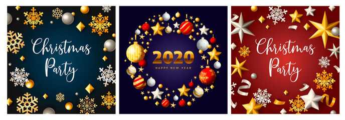 Fototapeta na wymiar Christmas party blue, red banner set with decoration