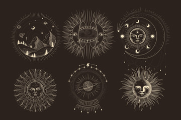 Vector illustration set of moon phases. Different stages of moonlight activity in vintage engraving style. Zodiac Signs