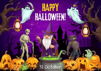 Halloween wizard, ghost, mummy and werewolf