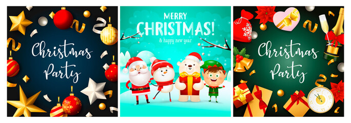 Christmas party blue, green banner set with animals