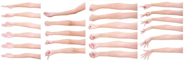 Multiple girl hand gestures isolated over the white background, set of multiple images