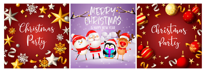 Naklejka premium Christmas party red, violet banner set with Santa