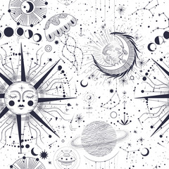 Obraz premium Vector illustration set of moon phases. Different stages of moonlight activity in vintage engraving style. Zodiac Signs