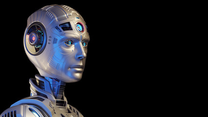 Detailed futuristic robot head or humanoid cyborg looking rightwards with copy space for text. Isolated on black background. 3d render