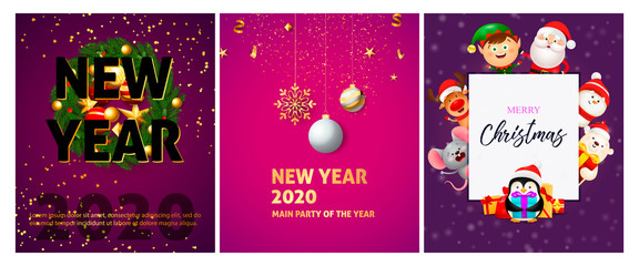 Fototapeta premium New Year violet banner set with animals, baubles