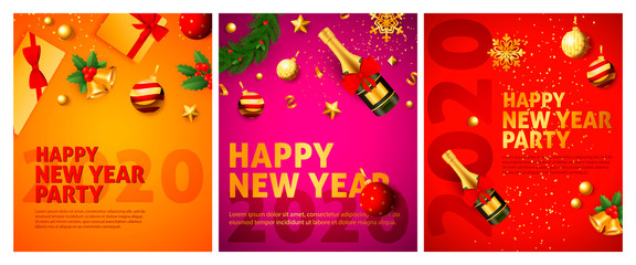 Naklejka premium Happy New Year orange, pink, red banner set with champagne