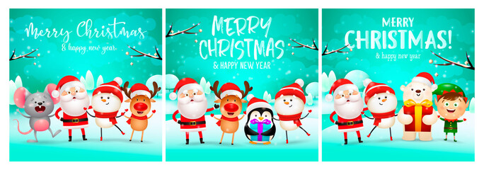 Merry Christmas cyan banner set with animals, Santa