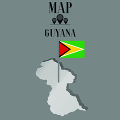 Obraz premium Guyana outline world map, contour silhouette with national flag on flagpole vector illustration design, isolated on background, objects, element, symbol from countries set
