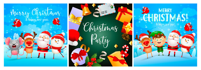 Merry Christmas cyan, red banner set with animals