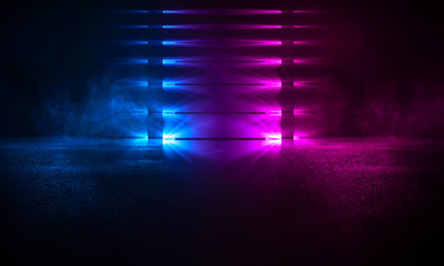 Empty background scene. Dark street reflection on wet asphalt. Rays of neon light in the dark, neon figures, smoke. Background of empty stage show. Abstract dark background.