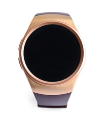 Trendy smart watch on white background, top view
