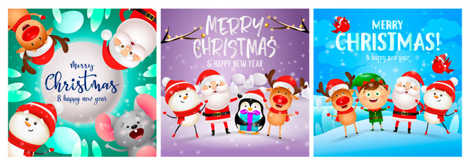 Merry Christmas green, violet, blue banner set with animals