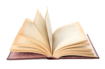 Open hardcover modern book on white background