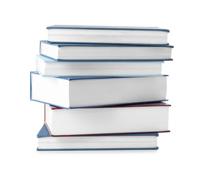 Stack of hardcover books on white background