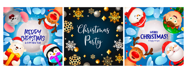 Merry Christmas green, violet banner set with animals