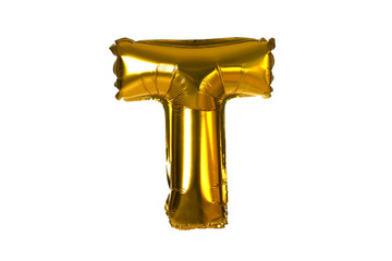 Golden letter T balloon on white background
