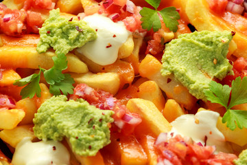 Loaded potato nachos with melted cheddar cheese, sour cream, tomato salsa, chilli, guacamole and beer