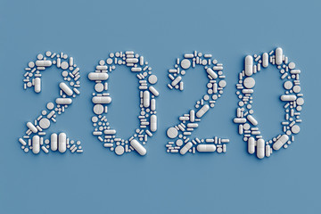 A pattern of many pills scattered on a blue background in the form of figures 2020. 3D illustration