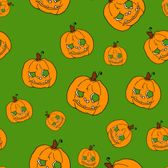 Pumpkin seamless pattern on green background. Orange pumpkin background for Harvest festival or Thanksgiving day. Halloween orange repeating print